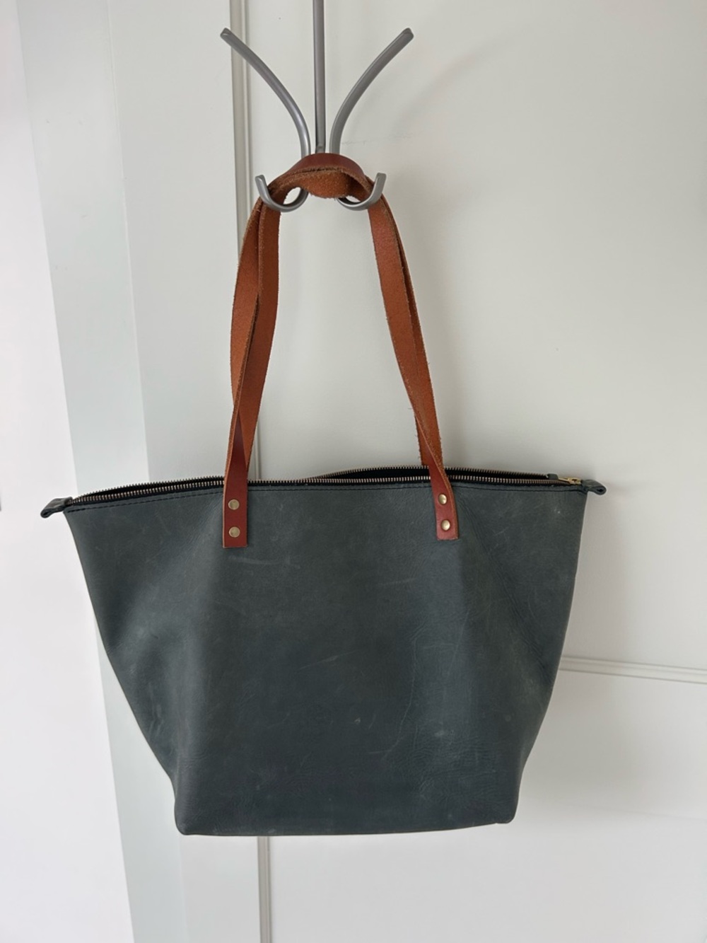 Portland Leather Goods large blue leather tote bag with zipper